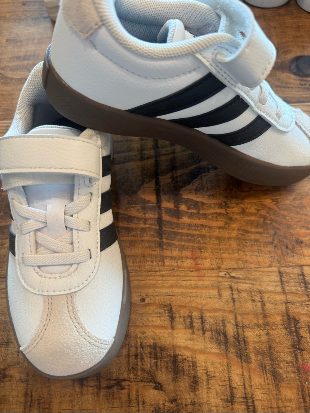 adidas Kids White Sneakers with Black Stripes and Brown Sole
